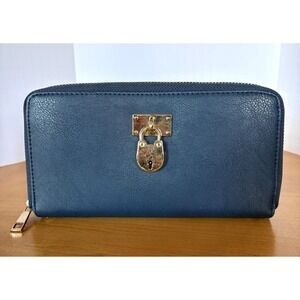 Blue/Teal Zip Around Wallet Gold Padlock‎ Accent Accordion Organizer Clutch Coin